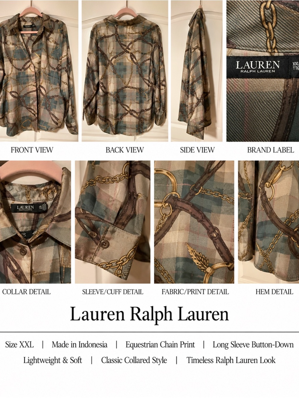 Lauren Ralph Lauren Women Equestrian Chain Print Long-Sleeve Shirt - Green Plaid